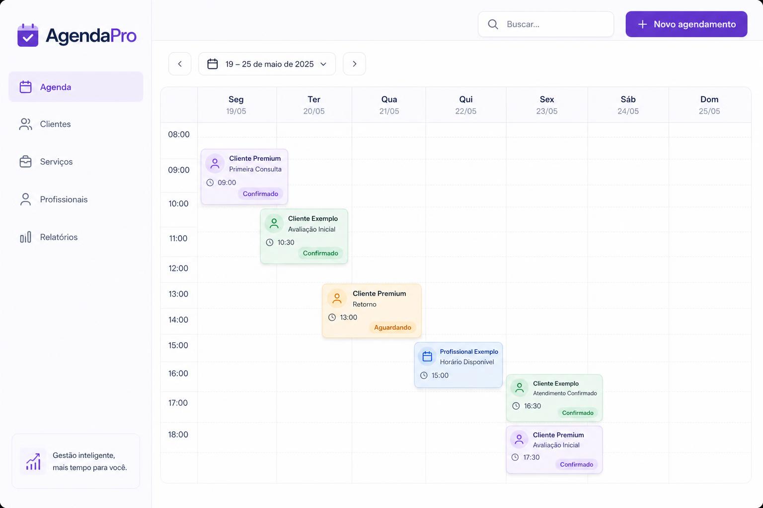 Demonstração ilustrativa da agenda do MCO AgendaPro com dados fictícios